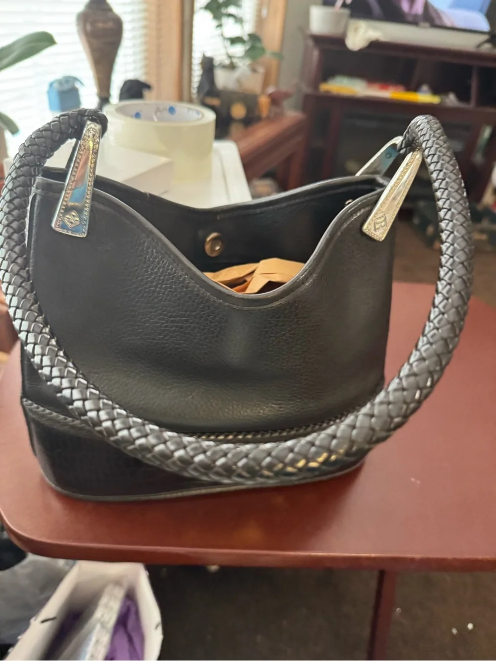 Brighton Black Leather Shoulder Bag with Braided Handle